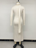 Women’s Fall & Winter Knitted Bodycon Slim Fit Square Neck Midi Dress with Scarf