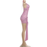Women’s Summer Sexy Halter Neck Low Back Striped Printed Bodycon Dress