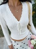 Women’s Fall & Winter Knitted Slim Fit Jacquard Tie Front V Neck Shirt