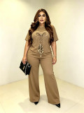 Women’s Fashion Rhinestone Bow Round Neck Relaxed Short Sleeve Wide Leg Knitted Two Piece Pants Set