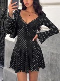 Women’s Fall & Winter Chic Lace V Neck Long Sleeve Polka Dot Mini Dress