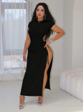 Women’s Sexy Black Waist Cutout Drawstring High Slit Short Sleeve Dress