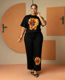 Women’s Plus Size Casual Beaded Floral Print Two Piece Round Neck Short Sleeve Top and Straight Leg Pants Set