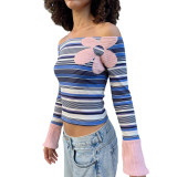 Women’s Fall Off Shoulder Striped Color Block Printed Top