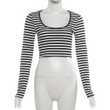 Women’s Fall Cropped Long Sleeve Basic Striped Top
