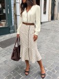 Women’s Fall & Winter V Neck Satin Shirt and Polka Dot Mermaid Skirt Set