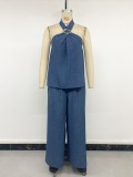 Women’s Summer Solid Color Sleeveless Halter Neck Casual Loose Two Piece Pants Set