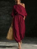 Women’s Slash Shoulder Solid Color Casual Two Piece Pants Set