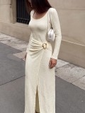Women’s Fall & Winter Knitted Irregular Long Sleeve Square Neck Slit Bodycon Dress