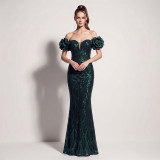 Women’s Elegant Gradient Sequin Beaded Off Shoulder Formal Party Gown