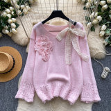 Women’s Fall & Winter Elegant Floral Lace Tie Knot Loose Knitted Sweater