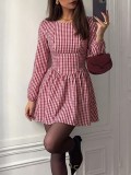 Women’s Fall & Winter Christmas Long Sleeve Plaid Low Back Bow Mini Dress
