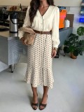 Women’s Fall & Winter V Neck Satin Shirt and Polka Dot Mermaid Skirt Set