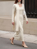 Women’s Fall & Winter Knitted Bodycon Slim Fit Square Neck Midi Dress with Scarf