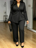 Women’s Fall & Winter Plus Size Solid Color Casual Career Asymmetrical Long Sleeve Pants Set