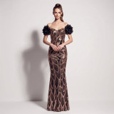 Women’s Elegant Gradient Sequin Beaded Off Shoulder Formal Party Gown