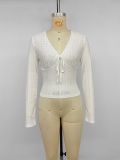 Women’s Fall & Winter Knitted Slim Fit Jacquard Tie Front V Neck Shirt