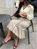 Women’s Fall & Winter V Neck Satin Shirt and Polka Dot Mermaid Skirt Set