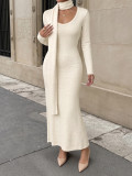 Women’s Fall & Winter Knitted Bodycon Slim Fit Square Neck Midi Dress with Scarf