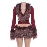 Women’s Fall Fashion Fur Collar Long Sleeve Top and Sexy Low Waist Faux Fur Mini Skirt Set