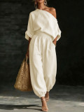 Women’s Slash Shoulder Solid Color Casual Two Piece Pants Set