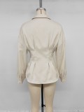Women’s Fall Casual Turn Down Collar Long Sleeve Solid Color Slim Waist Ruffle Shirt