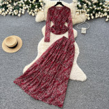Women’s Fall Red Printed Slim Waist Slim Fit Chic Elegant Two Piece Skirt Set