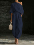 Women’s Slash Shoulder Solid Color Casual Two Piece Pants Set