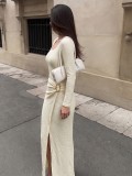 Women’s Fall & Winter Knitted Irregular Long Sleeve Square Neck Slit Bodycon Dress
