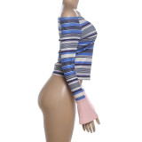 Women’s Fall Off Shoulder Striped Color Block Printed Top