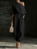 Women’s Slash Shoulder Solid Color Casual Two Piece Pants Set