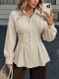 Women’s Fall Casual Turn Down Collar Long Sleeve Solid Color Slim Waist Ruffle Shirt