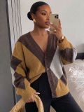 Women’s Fall Fashion Diamond Color Block Knitted Loose V Neck Casual Cardigan