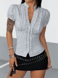 Women’s Summer Sexy Ruffle Edge Slim Waist V Neck Striped Short Sleeve Shirt