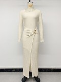 Women’s Fall & Winter Knitted Irregular Long Sleeve Square Neck Slit Bodycon Dress