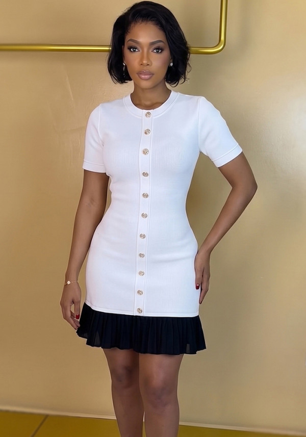 Women Knit Summer Metal Buckle Short Sleeve Pleated Patchwork Dress