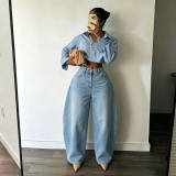 Women Autumn Light Blue Curved Casual Denim Wide Leg Pants