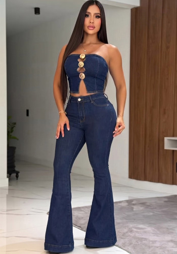 Women Summer American Denim Strapless Top and Bell Bottom Pant Two Piece Set
