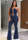 Women Summer American Denim Strapless Top and Bell Bottom Pant Two Piece Set