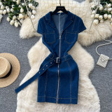 Women French Turndown Collar Zipper Denim Summer Dress