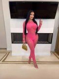 Women Autumn Solid Round Neck Long Sleeve Hollow See-Through Sexy Knit Jumpsuit