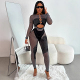 Women Autumn Long Sleeve Hollow Sexy Knit Jumpsuit