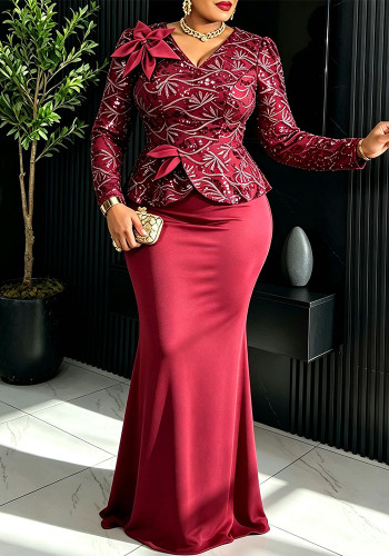 Women Sequin Floral Patchwork Long Sleeve Formal Party Elegant Dress