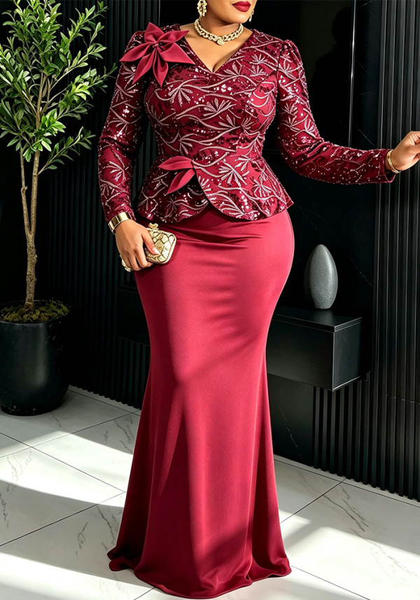 Women Sequin Floral Patchwork Long Sleeve Formal Party Elegant Dress