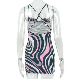 Women Color Block Backless U-Neck Spaghetti Strap Bodycon Dress