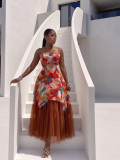 Women Holidays Tie Dye Print Mesh Strap Dress