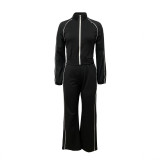Women Stand Collar Zipper Top and Side Strip Bell Bottom Pant Two Piece Set