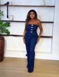 Women Denim Metal Buckle Spaghetti Strap Strapless Tank Top and Bell Bottom Pants Two Piece Set