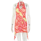 Women Casual Color Block Tie Bodycon V Neck Halter Neck Mini Dress
