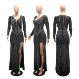 Women Solid Mesh Beaded Split Maxi Dress